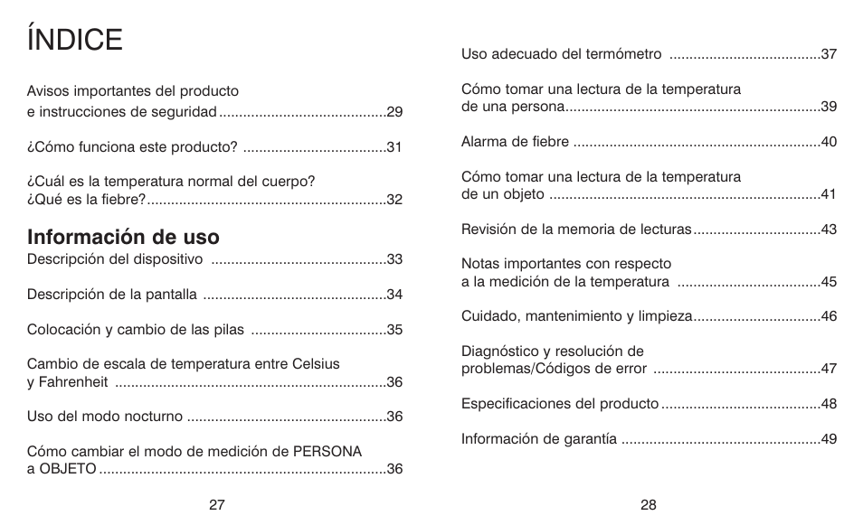 Índice, Información de uso | HoMedics TI-150 User Manual | Page 14 / 24