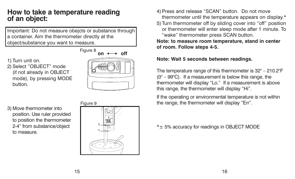 How to take a temperature reading of an object | HoMedics TI-150 User Manual | Page 9 / 24