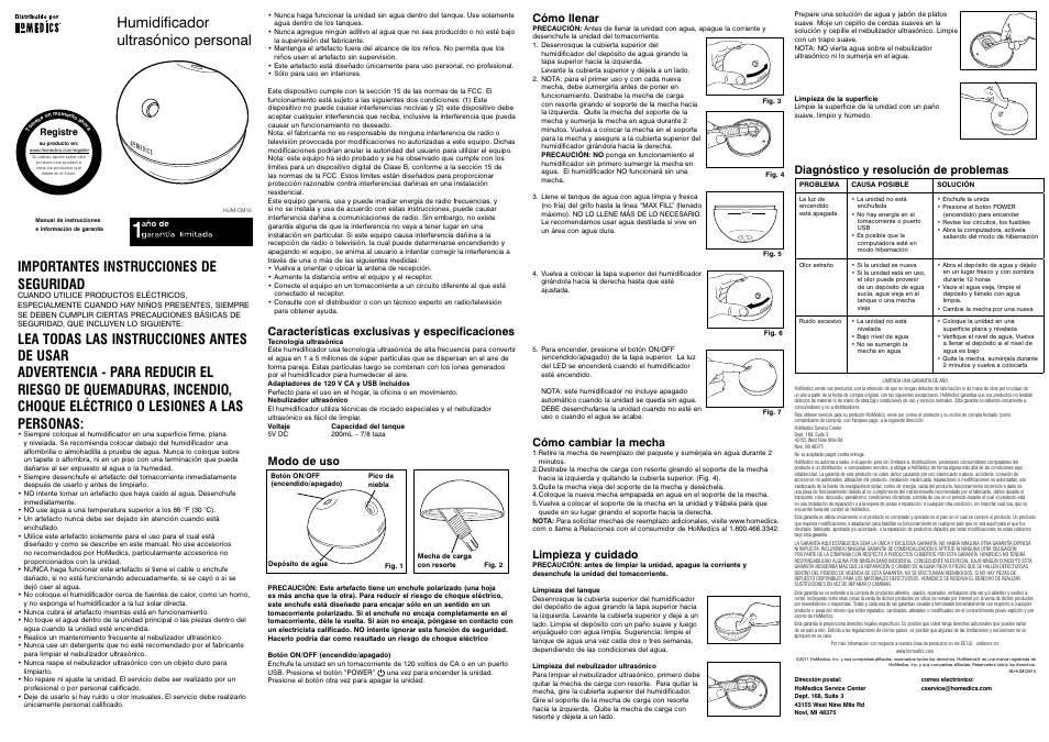 Max fill, Humidificador ultrasónico personal, Importantes instrucciones de seguridad | Diagnóstico y resolución de problemas, Cómo llenar, Cómo cambiar la mecha, Limpieza y cuidado, Características exclusivas y especificaciones, Modo de uso | HoMedics Personal Ultrasonic Humidifier HUM-CM10 User Manual | Page 2 / 2