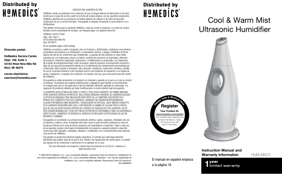 HoMedics Cool & Warm Mist Ultrasonic Humidifier HUM-WM75 User Manual | 14 pages