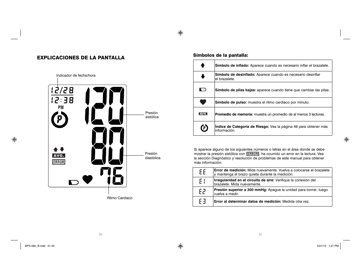 Explicaciones de la pantalla | HoMedics Manual Inflate Blood Pressure Monitor SPS-060 User Manual | Page 21 / 30