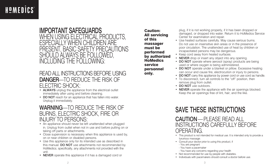 Important safeguards, Save these instructions | HoMedics Back Charger Massage Mat IB-VM100B User Manual | Page 2 / 8