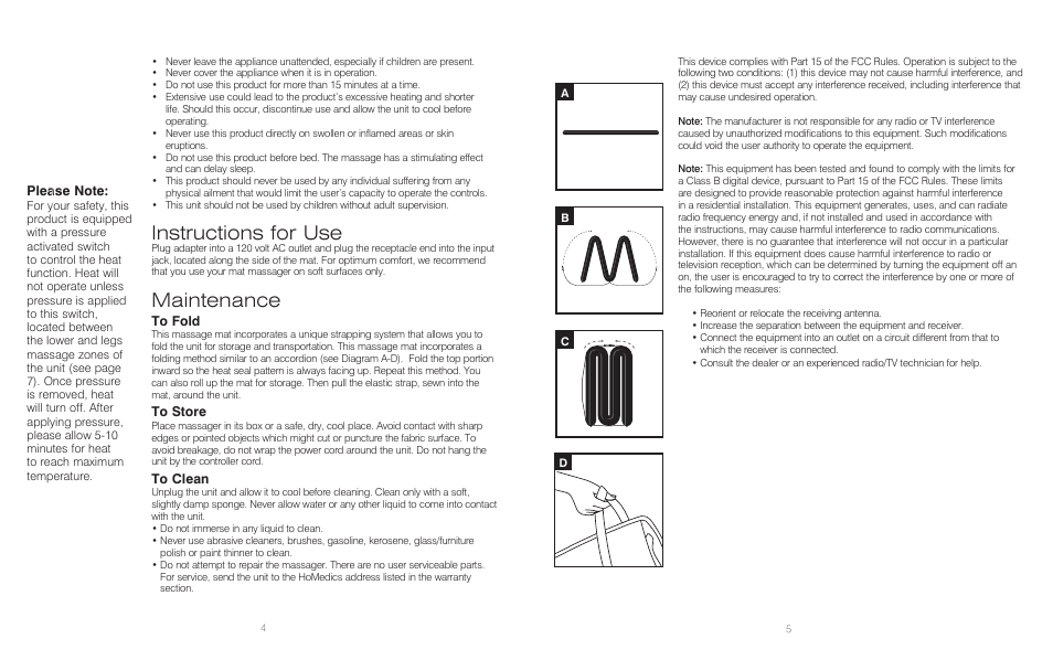 Instructions for use, Maintenance | HoMedics Back Charger Massage Mat IB-VM100B User Manual | Page 3 / 8