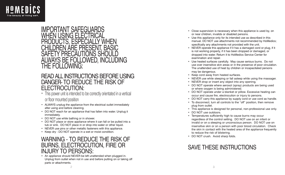 Important safeguards, Save these instructions | HoMedics 5 Motor Back Massager BKP-100 User Manual | Page 2 / 8