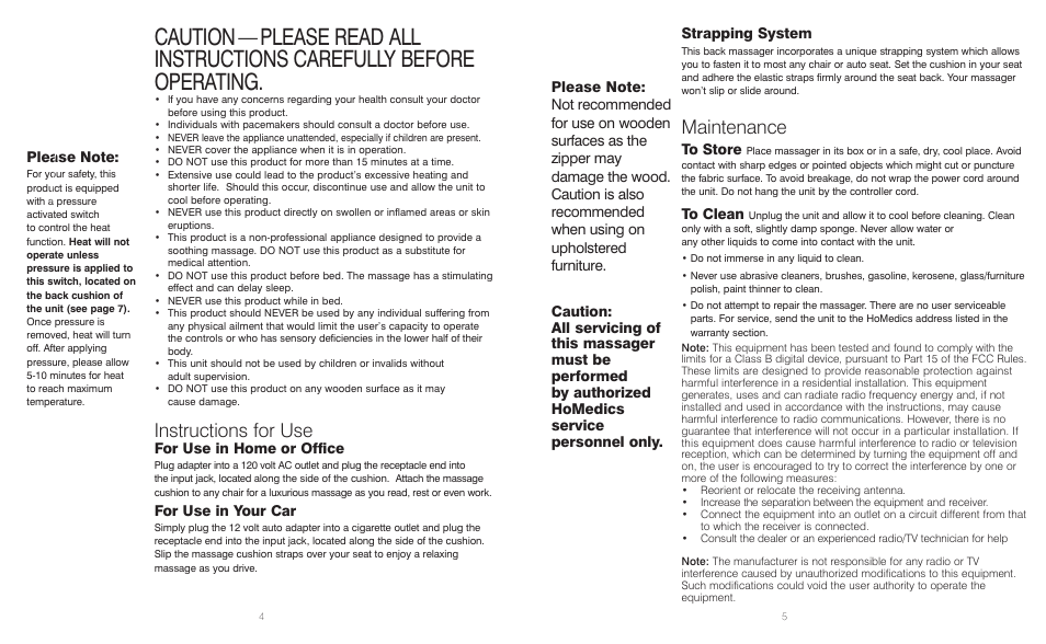 Instructions for use, Maintenance, For use in home or office | For use in your car, Strapping system | HoMedics 5 Motor Back Massager BKP-100 User Manual | Page 3 / 8