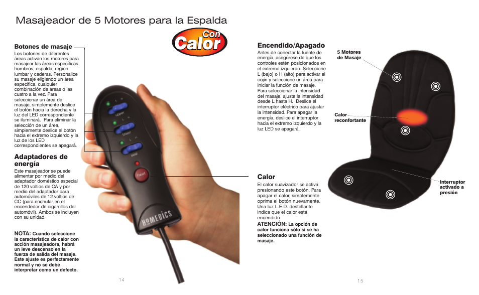 Calor, Masajeador de 5 motores para la espalda | HoMedics 5 Motor Back Massager BKP-100 User Manual | Page 8 / 8