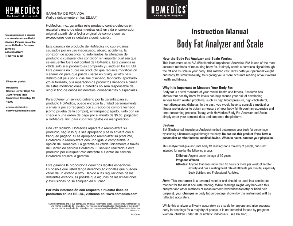 HoMedics Body Fat Monitor User Manual | 8 pages