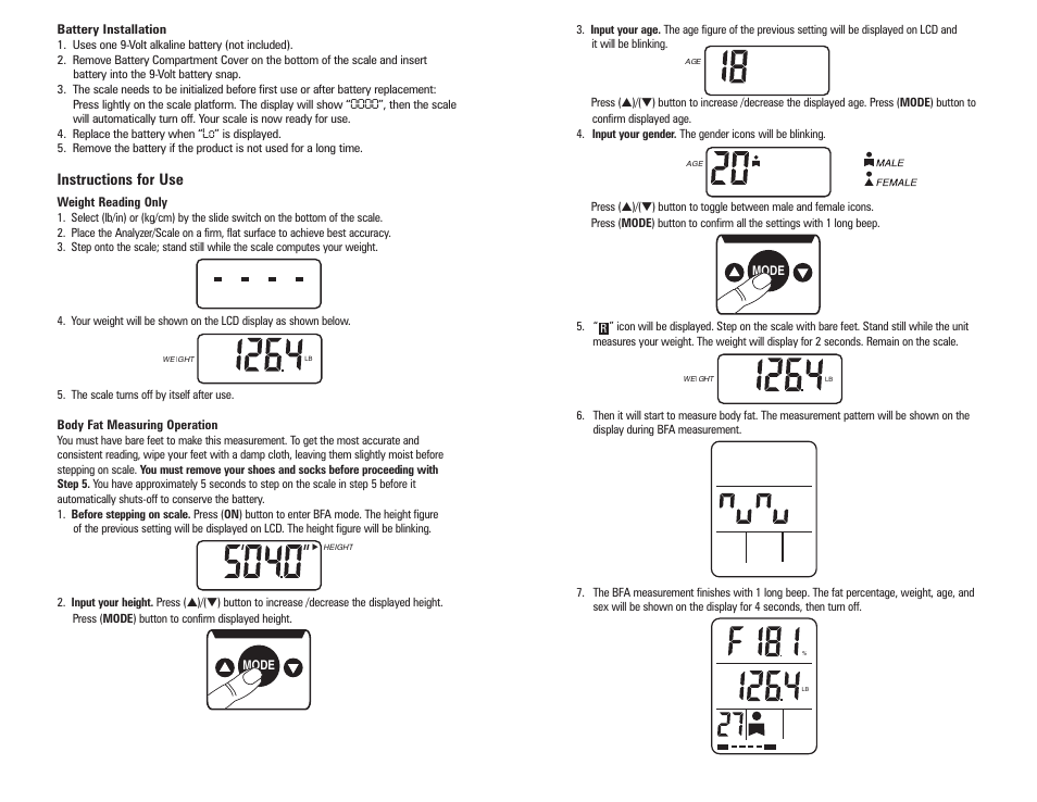 Instructions for use | HoMedics Body Fat Monitor User Manual | Page 2 / 8