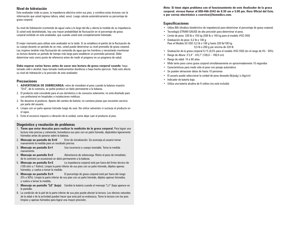 HoMedics Body Fat Monitor User Manual | Page 8 / 8