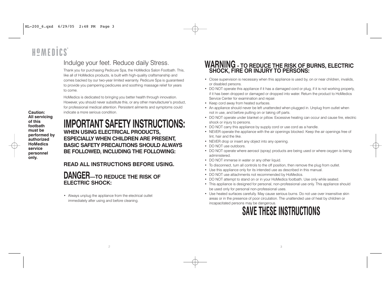 Save these instructions, Important safety instructions, Warning | Danger | HoMedics HL-200 User Manual | Page 2 / 8