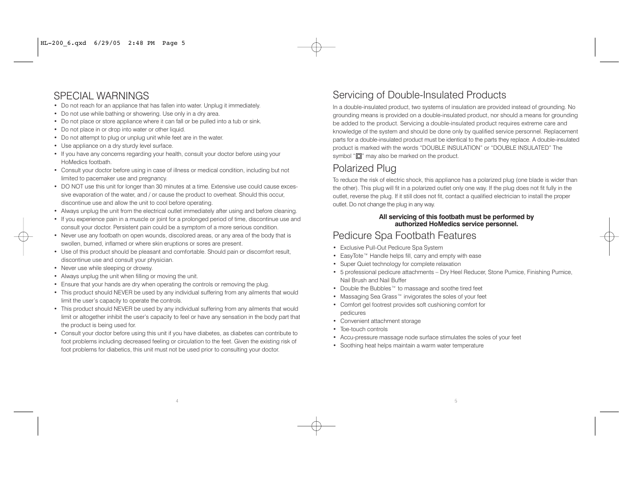 Special warnings, Servicing of double-insulated products, Polarized plug | Pedicure spa footbath features | HoMedics HL-200 User Manual | Page 3 / 8