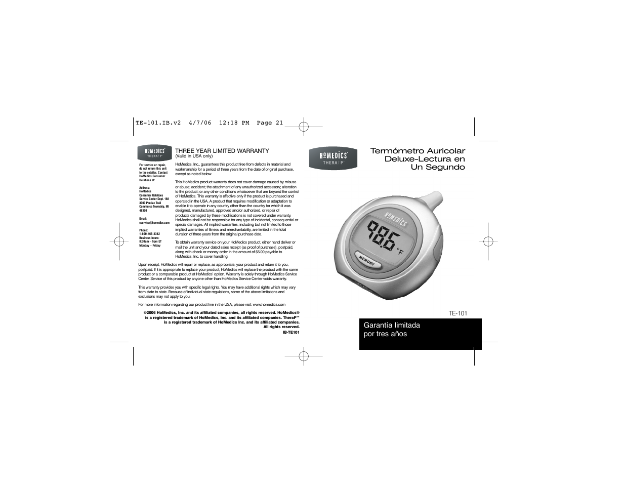 Termómetro auricolar deluxe-lectura en un segundo, Garantía limitada por tres años | HoMedics TE-101 User Manual | Page 11 / 20
