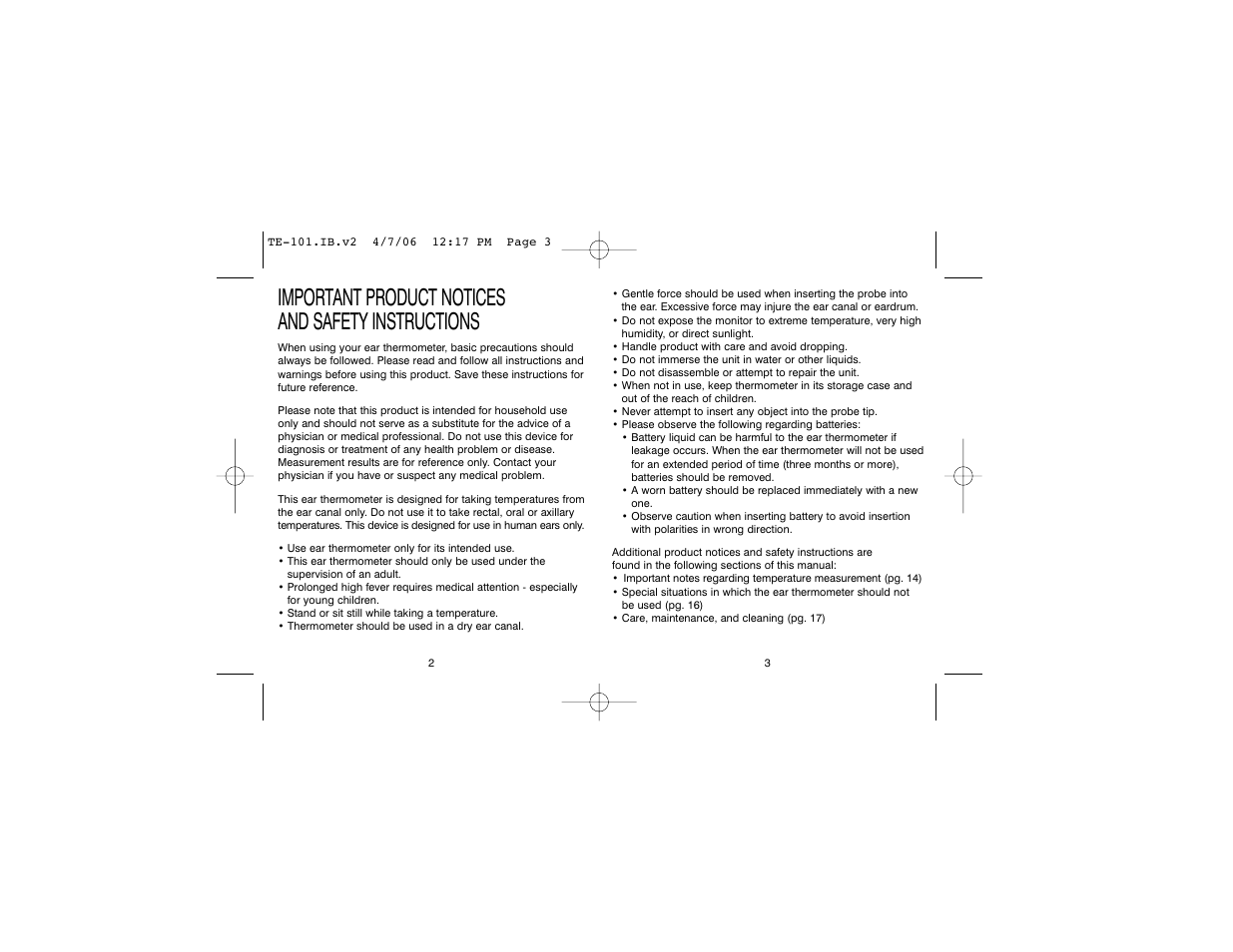 Important product notices and safety instructions | HoMedics TE-101 User Manual | Page 2 / 20