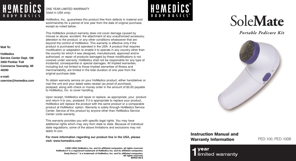 HoMedics PED-100 User Manual | 2 pages