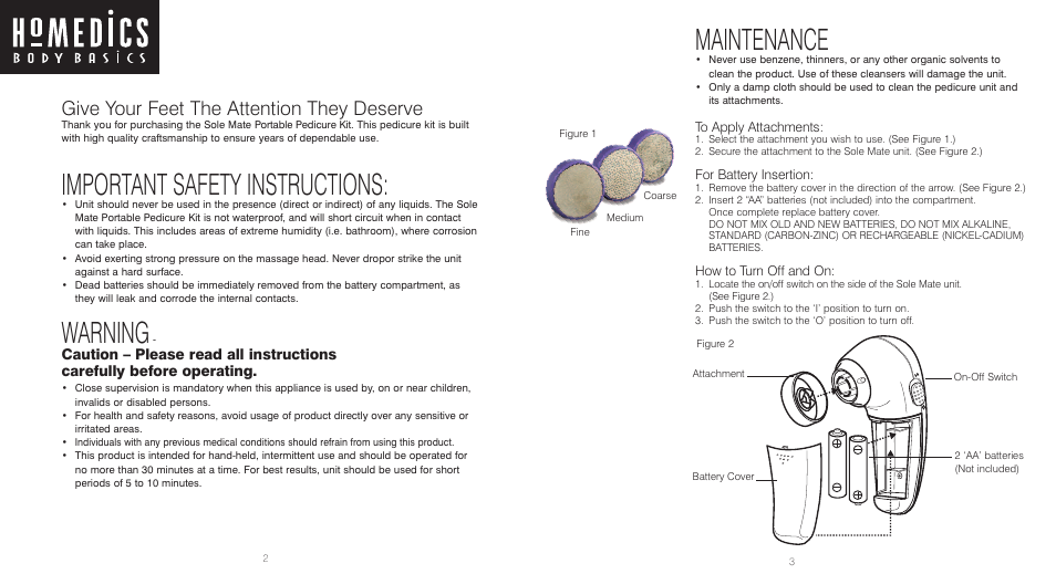 Important safety instructions, Warning, Maintenance | Give your feet the attention they deserve | HoMedics PED-100 User Manual | Page 2 / 2