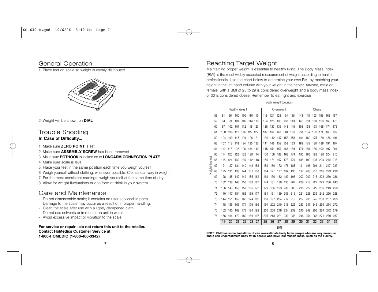 General operation, Trouble shooting, Care and maintenance | Reaching target weight | HoMedics SC-630 User Manual | Page 4 / 8
