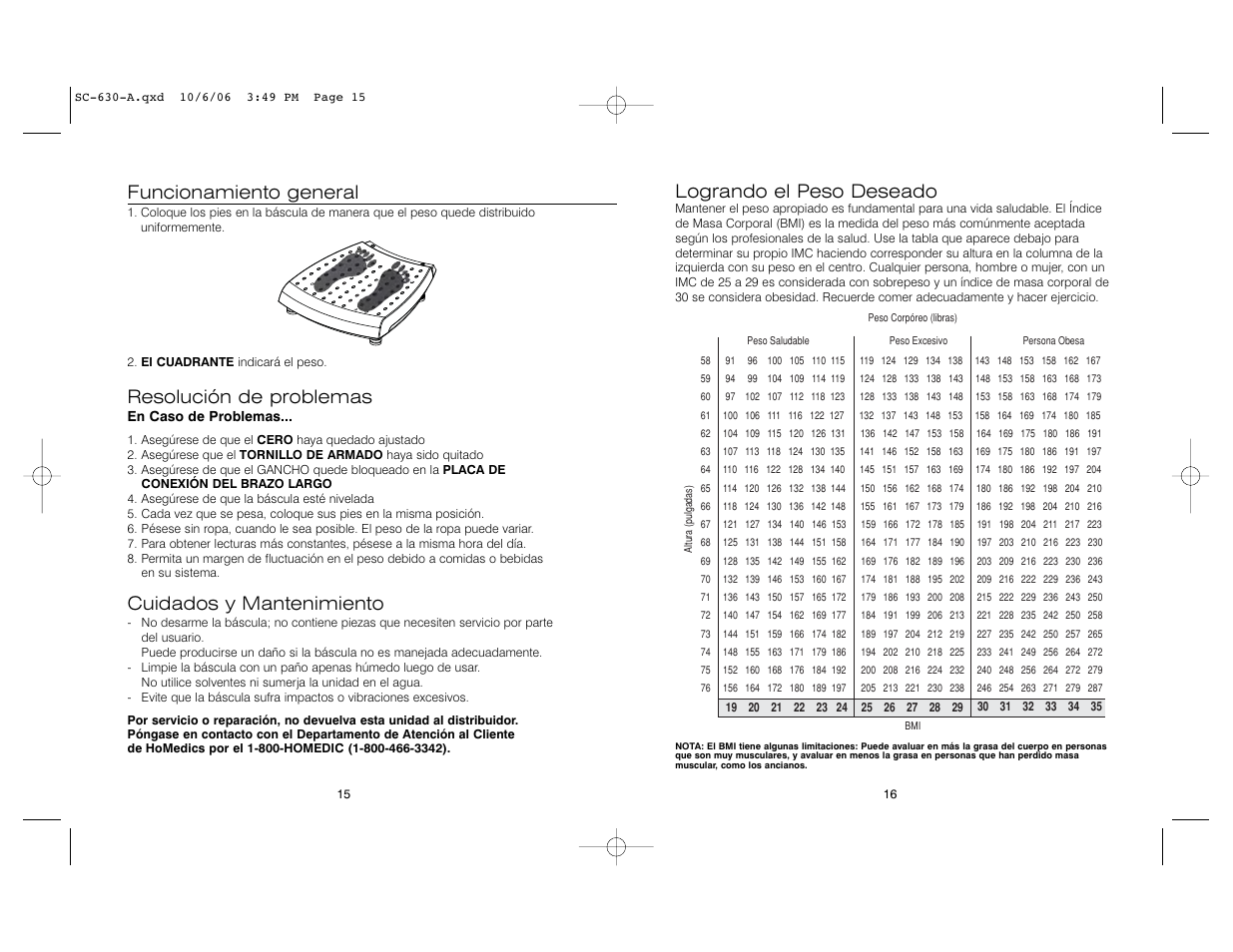Funcionamiento general, Resolución de problemas, Cuidados y mantenimiento | Logrando el peso deseado | HoMedics SC-630 User Manual | Page 8 / 8