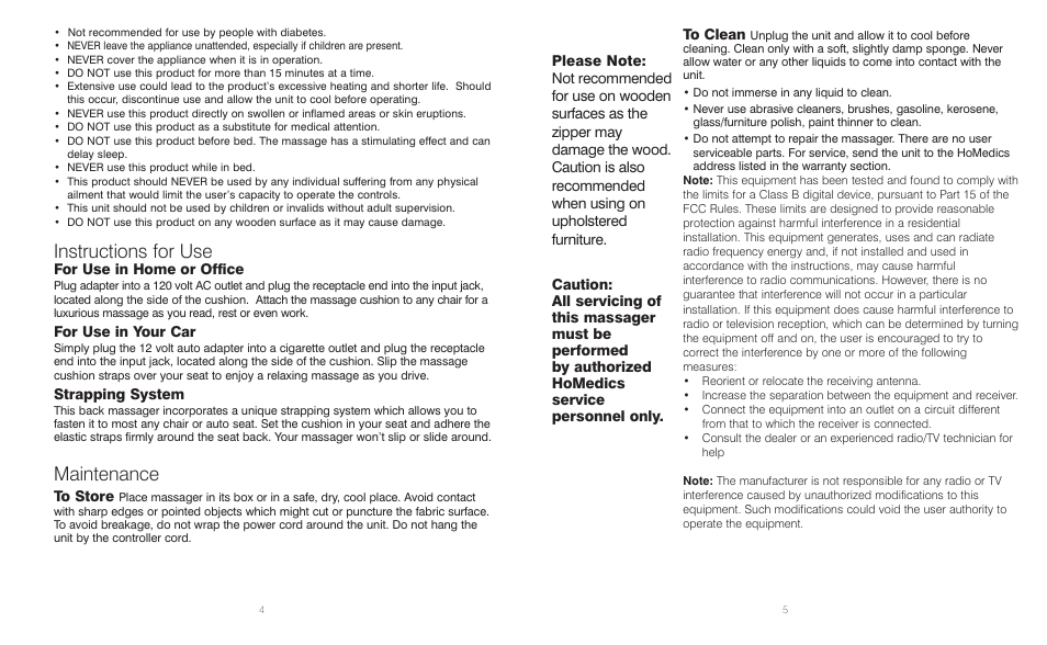 Instructions for use, Maintenance | HoMedics Back Revitalizer VC-150 User Manual | Page 3 / 8