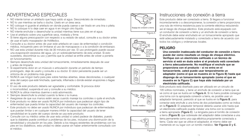 Advertencias especiales, Instrucciones de conexión a tierra, Peligro | HoMedics BL-150 User Manual | Page 7 / 8