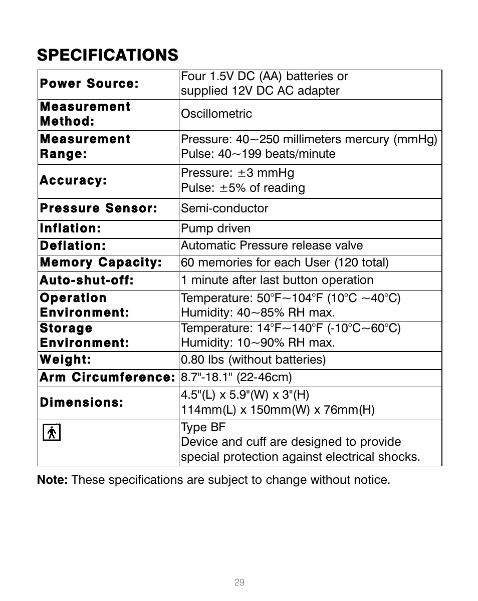 Specifications | HoMedics BPA-200 User Manual | Page 30 / 64