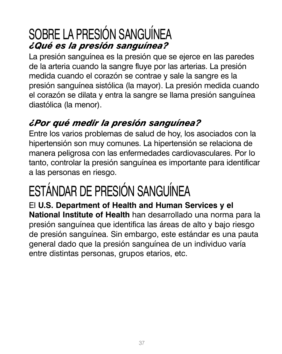 Sobre la presión sanguínea, Estándar de presión sanguínea | HoMedics BPA-200 User Manual | Page 38 / 64