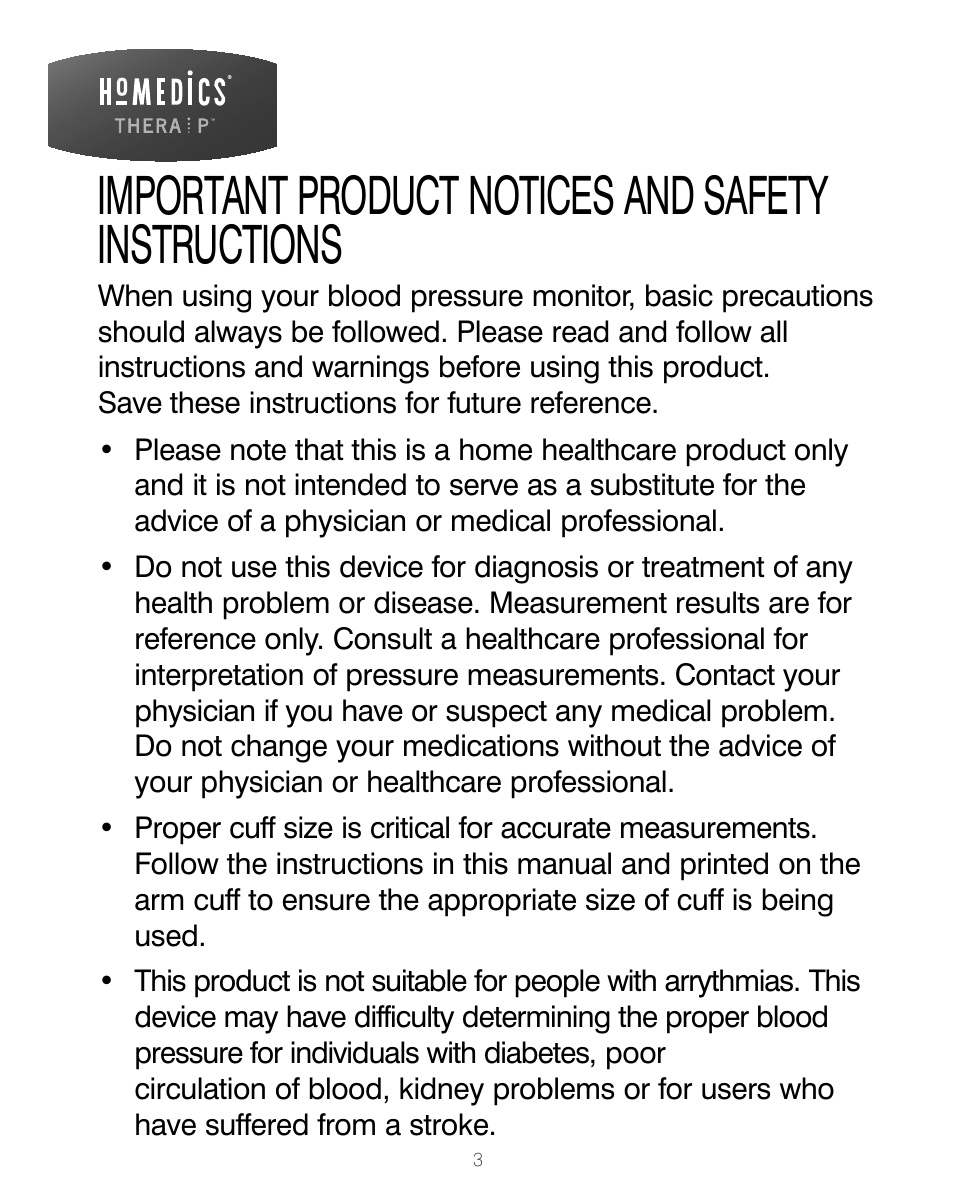 Important product notices and safety instructions | HoMedics BPA-200 User Manual | Page 4 / 64