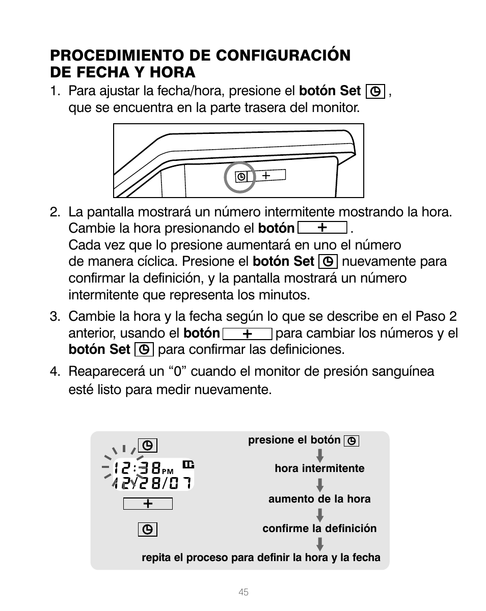 Procedimiento de configuración de fecha y hora | HoMedics BPA-200 User Manual | Page 46 / 64