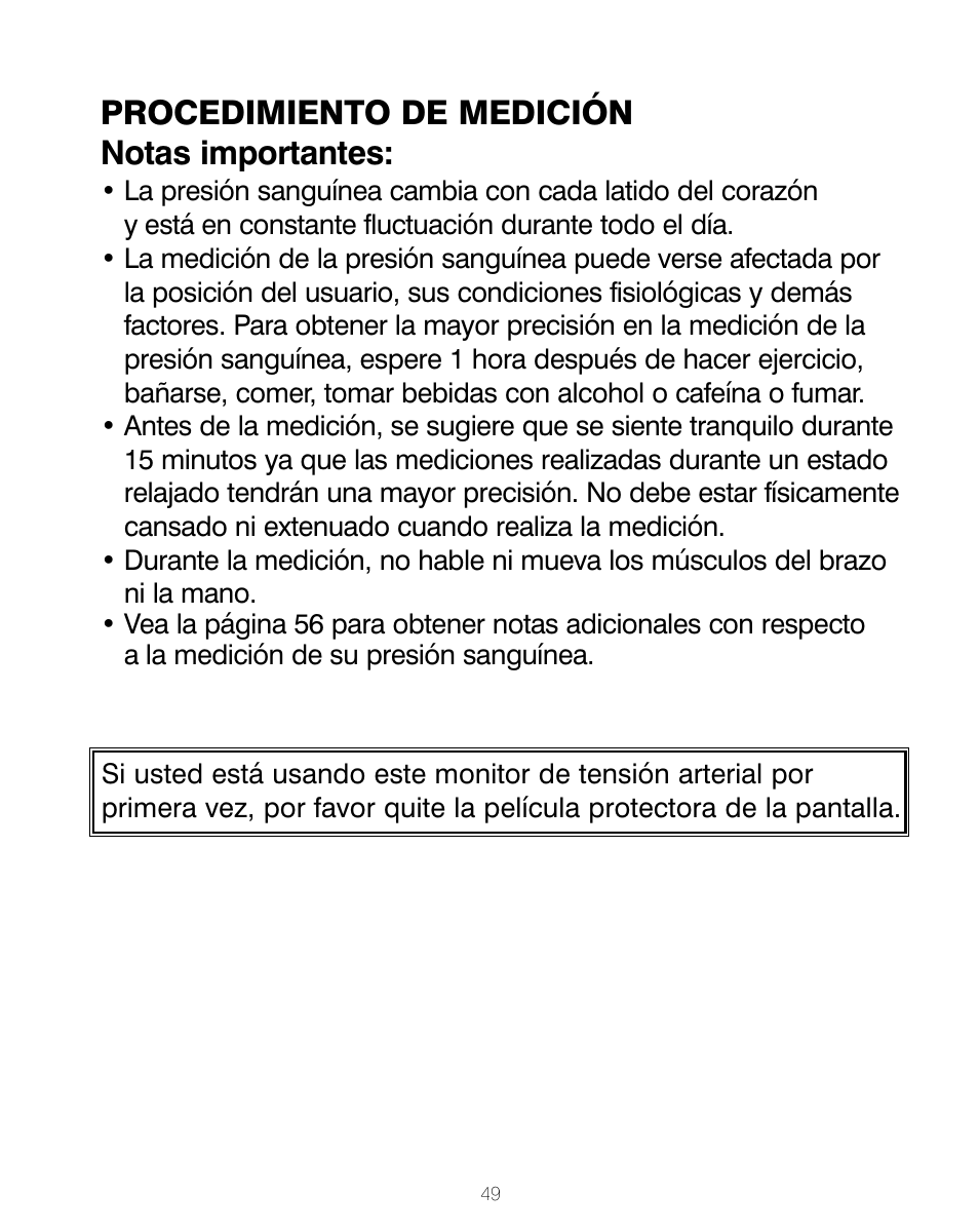 Procedimiento de medición notas importantes | HoMedics BPA-200 User Manual | Page 50 / 64