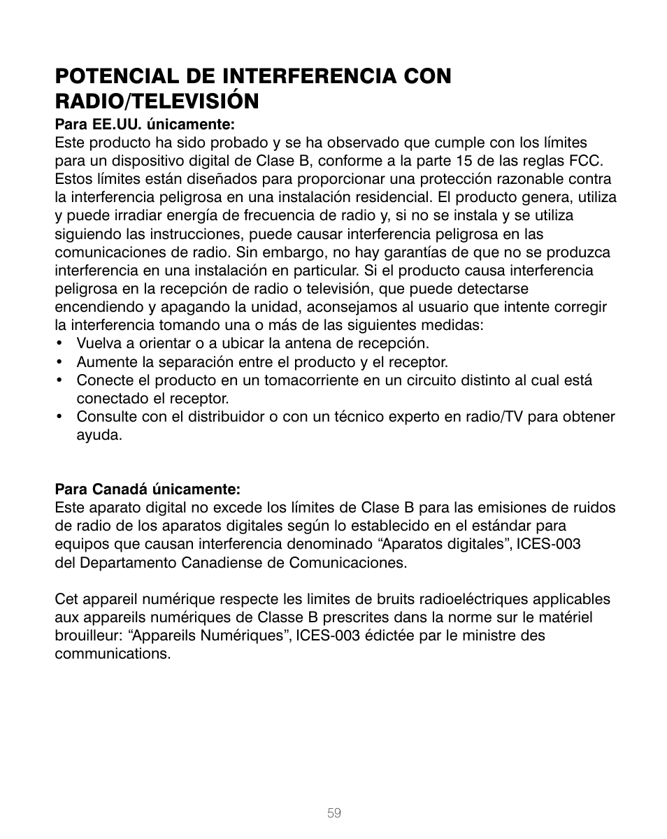 Potencial de interferencia con radio/televisión | HoMedics BPA-200 User Manual | Page 60 / 64