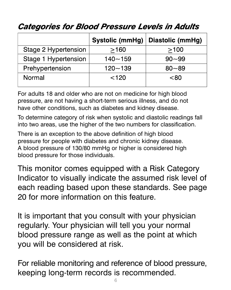 Categories for blood pressure levels in adults | HoMedics BPA-200 User Manual | Page 7 / 64