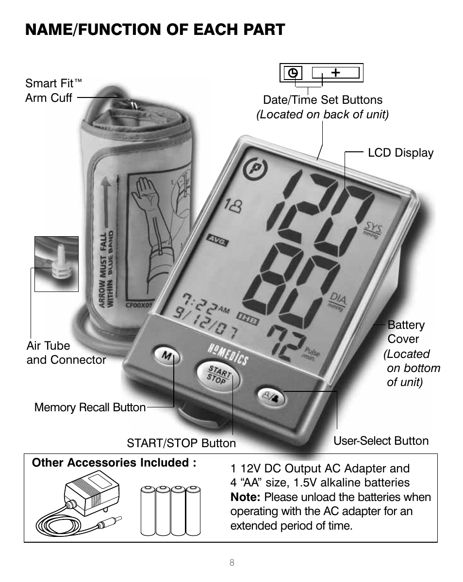 Name/function of each part | HoMedics BPA-200 User Manual | Page 9 / 64