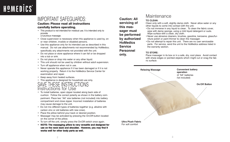 Important safeguards, Save these instructions, Maintenance | Instructions for use | HoMedics Portable Massage Pillow MP-1 User Manual | Page 2 / 4