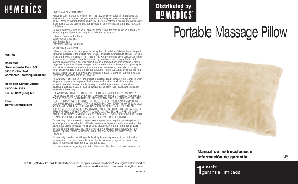 Portable massage pillow, Distributed by | HoMedics Portable Massage Pillow MP-1 User Manual | Page 3 / 4