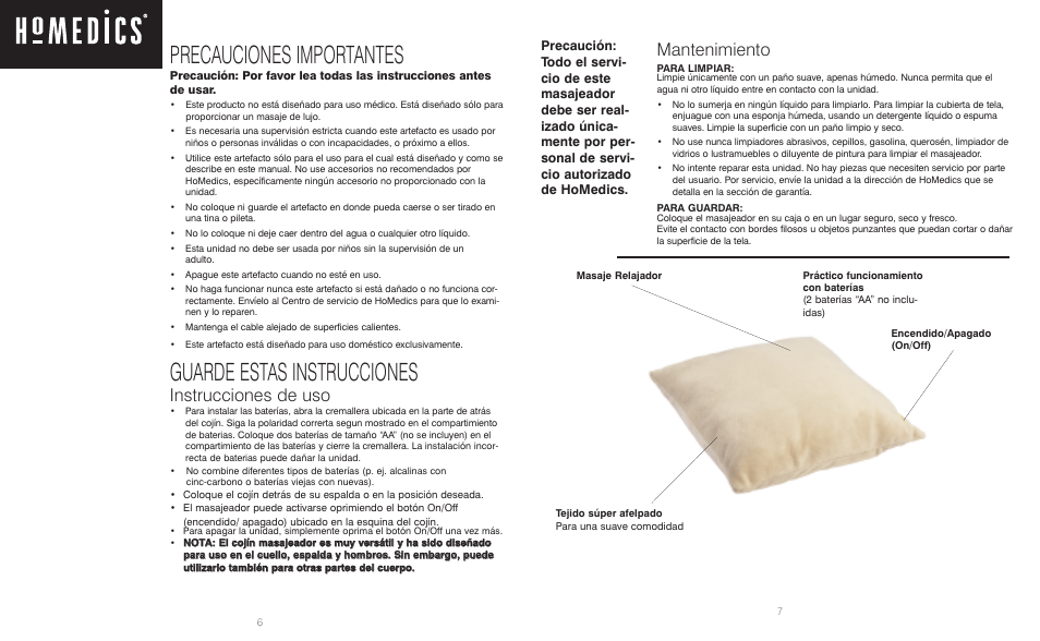 Precauciones importantes, Guarde estas instrucciones, Instrucciones de uso | Mantenimiento | HoMedics Portable Massage Pillow MP-1 User Manual | Page 4 / 4