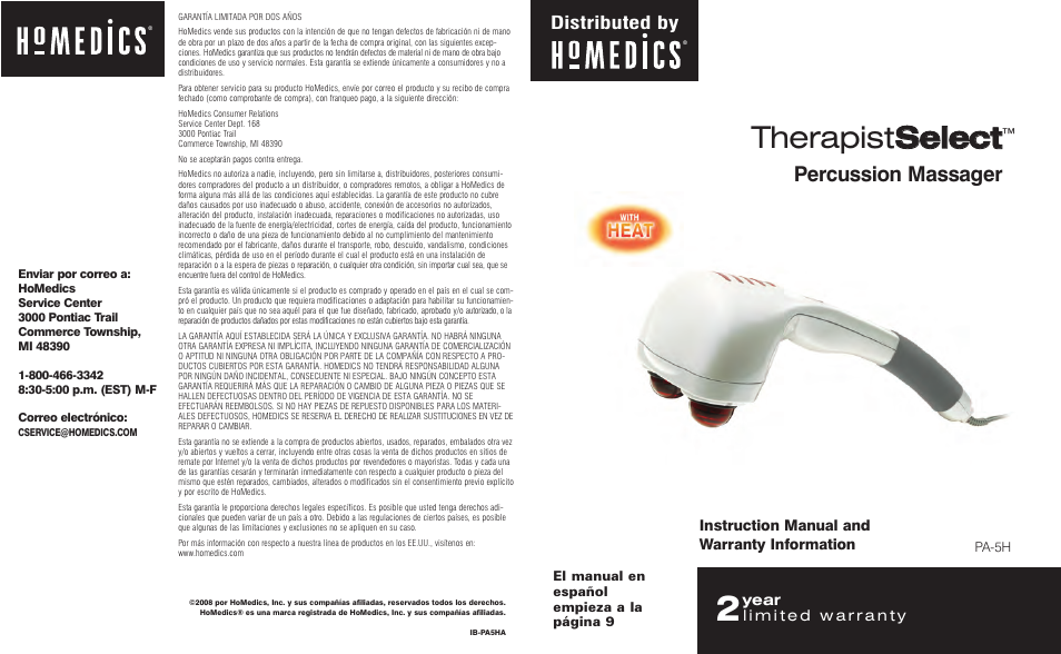 HoMedics Percussion Massager PA-5H User Manual | 8 pages