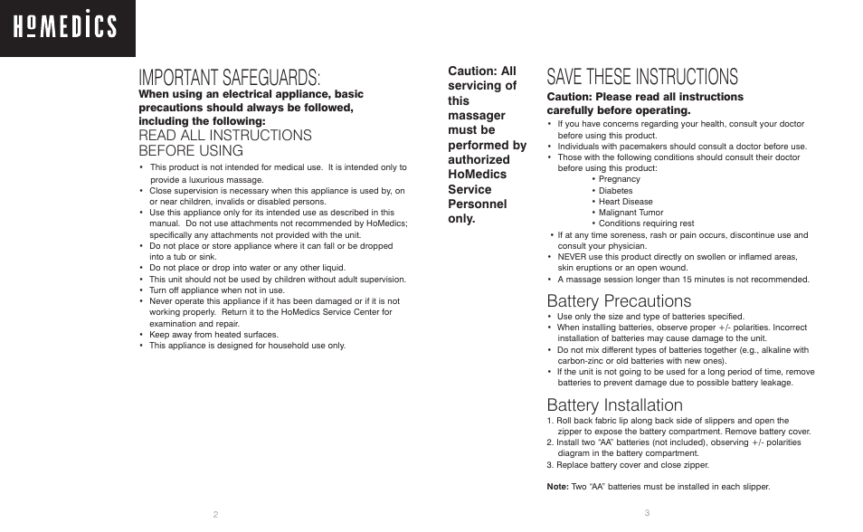 Save these instructions, Important safeguards, Battery precautions | Battery installation, Read all instructions before using | HoMedics MS-6ML User Manual | Page 2 / 6