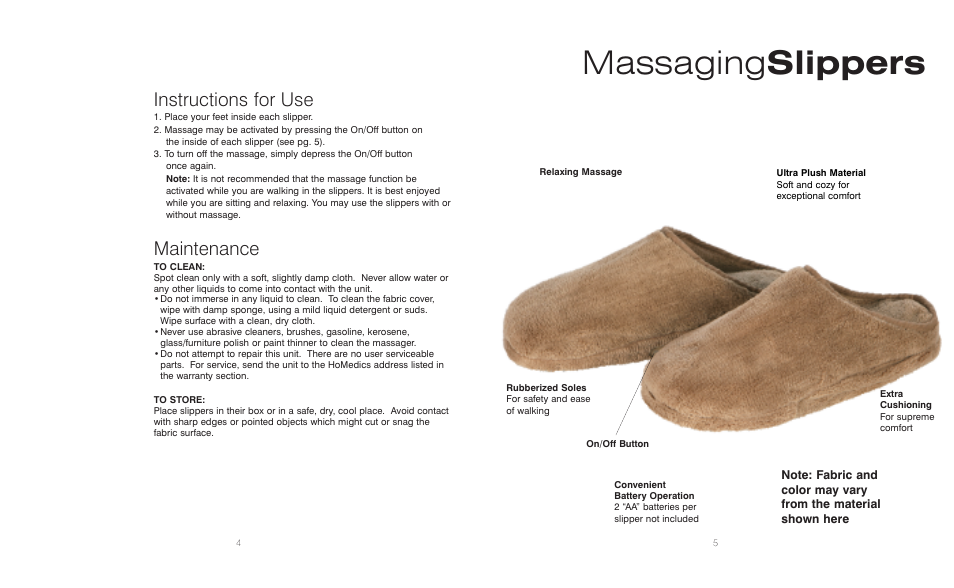 Massaging slippers, Instructions for use, Maintenance | HoMedics MS-6ML User Manual | Page 3 / 6