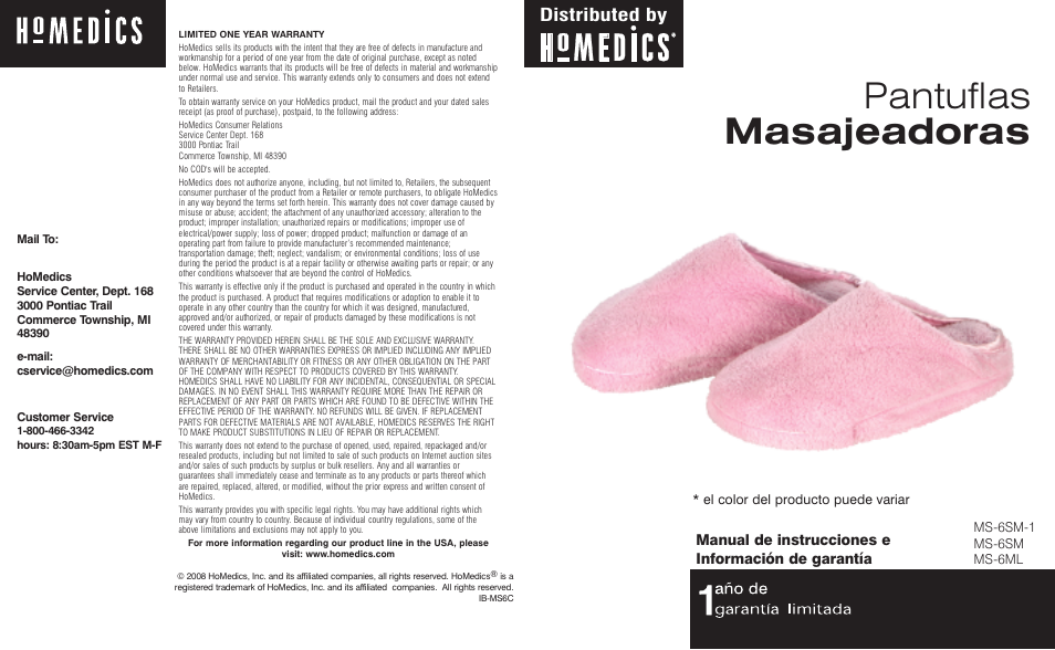 Pantuflas masajeadoras, Distributed by, Manual de instrucciones e información de garantía | HoMedics MS-6ML User Manual | Page 4 / 6