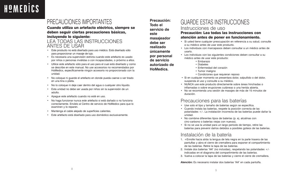 Precauciones importantes, Guarde estas instrucciones, Lea todas las instrucciones antes de usar | Instrucciones de uso, Precauciones para las baterías, Instalación de la batería | HoMedics MS-6ML User Manual | Page 5 / 6