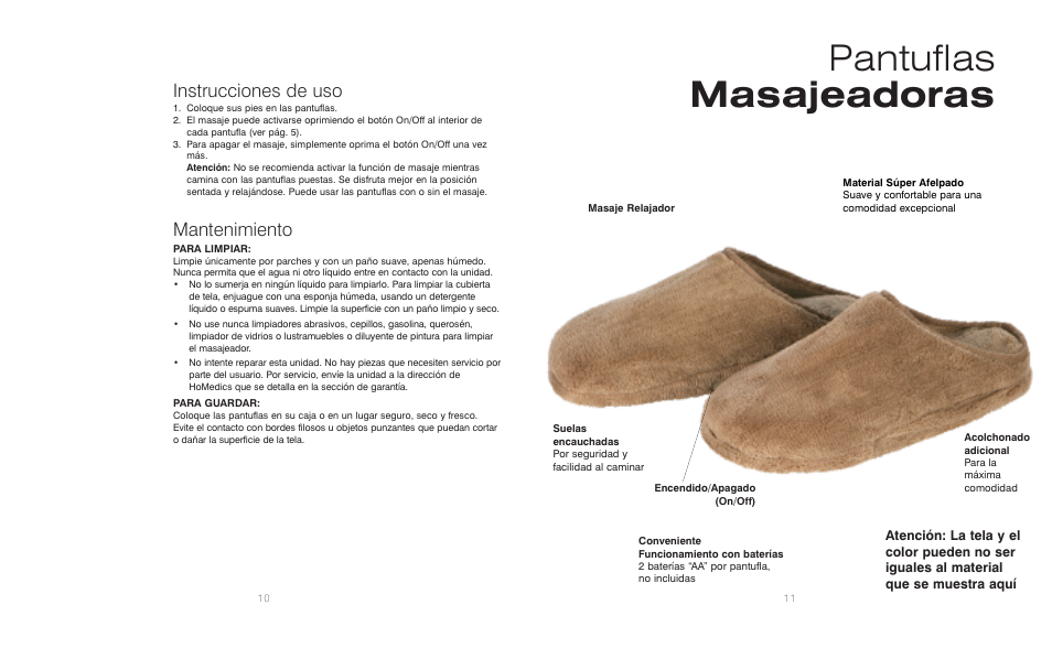 Pantuflas masajeadoras, Instrucciones de uso, Mantenimiento | HoMedics MS-6ML User Manual | Page 6 / 6