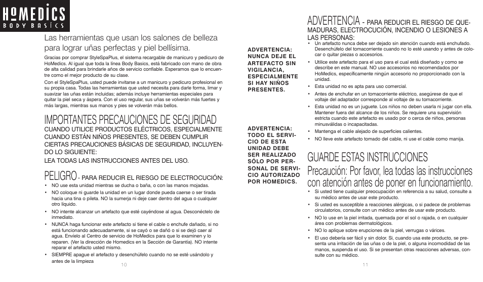 Importantes precauciones de seguridad, Peligro, Advertencia | HoMedics Pedicure Foot Spa User Manual | Page 6 / 8