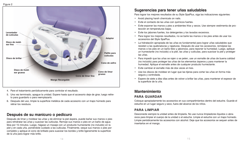 Después de su manicuro o pedicuro, Sugerencias para tener uñas saludables, Mantenimiento | Para guardar, Para limpiar | HoMedics Pedicure Foot Spa User Manual | Page 8 / 8