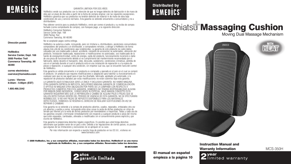 HoMedics Shiatsu Massaging Cushion MCS-350H User Manual | 10 pages