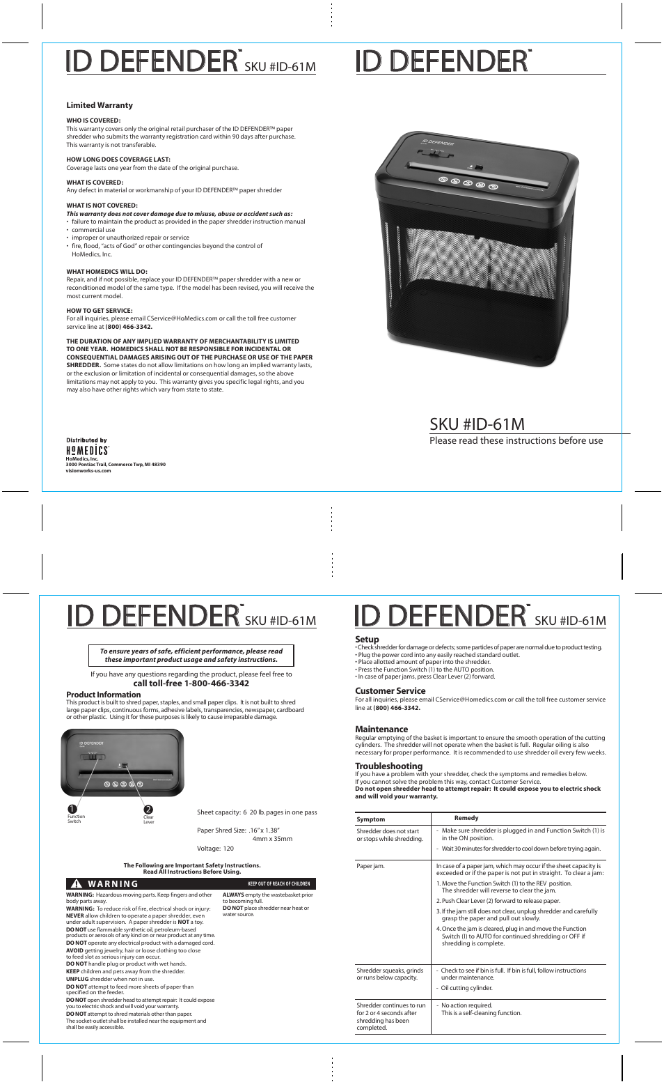 HoMedics ID DEFENDER ID-61M User Manual | 1 page