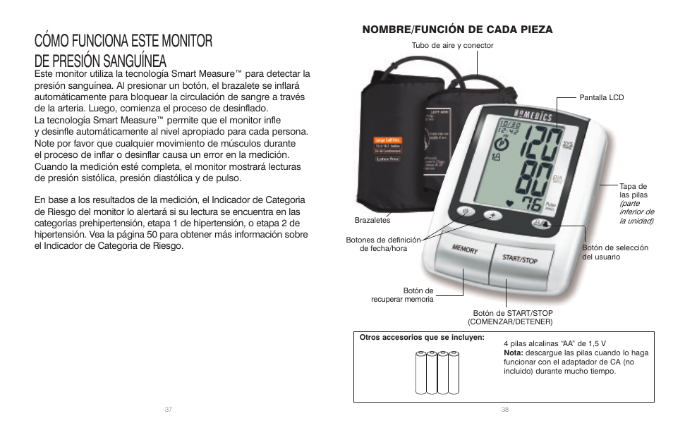 Cómo funciona este monitor de presión sanguínea, Nombre/función de cada pieza | HoMedics IB-BPA060A User Manual | Page 20 / 30