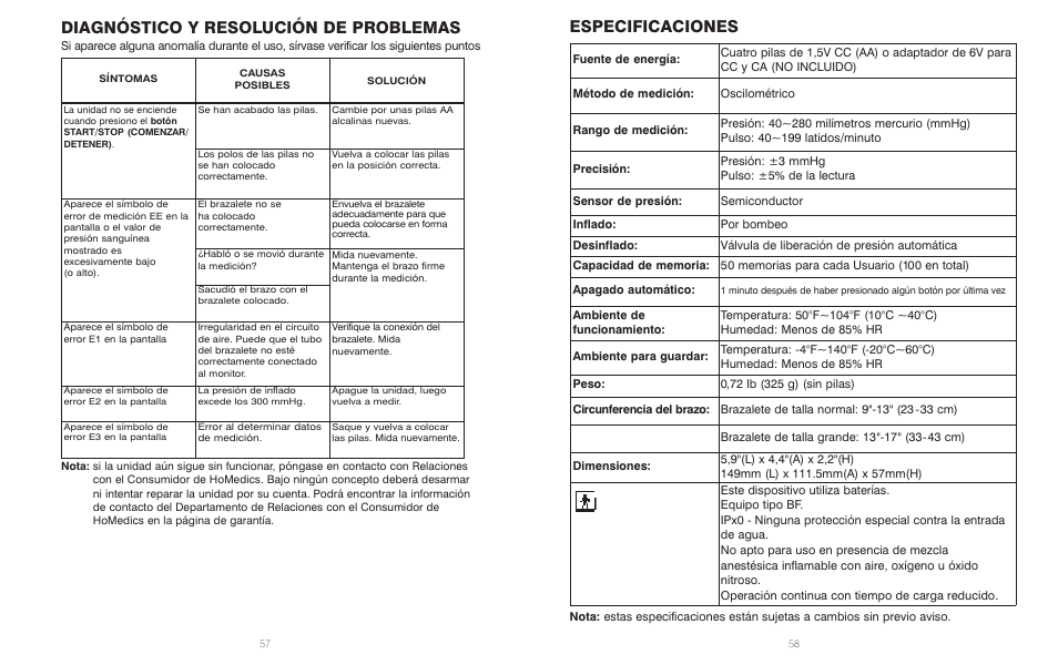 Diagnóstico y resolución de problemas, Especificaciones | HoMedics IB-BPA060A User Manual | Page 30 / 30