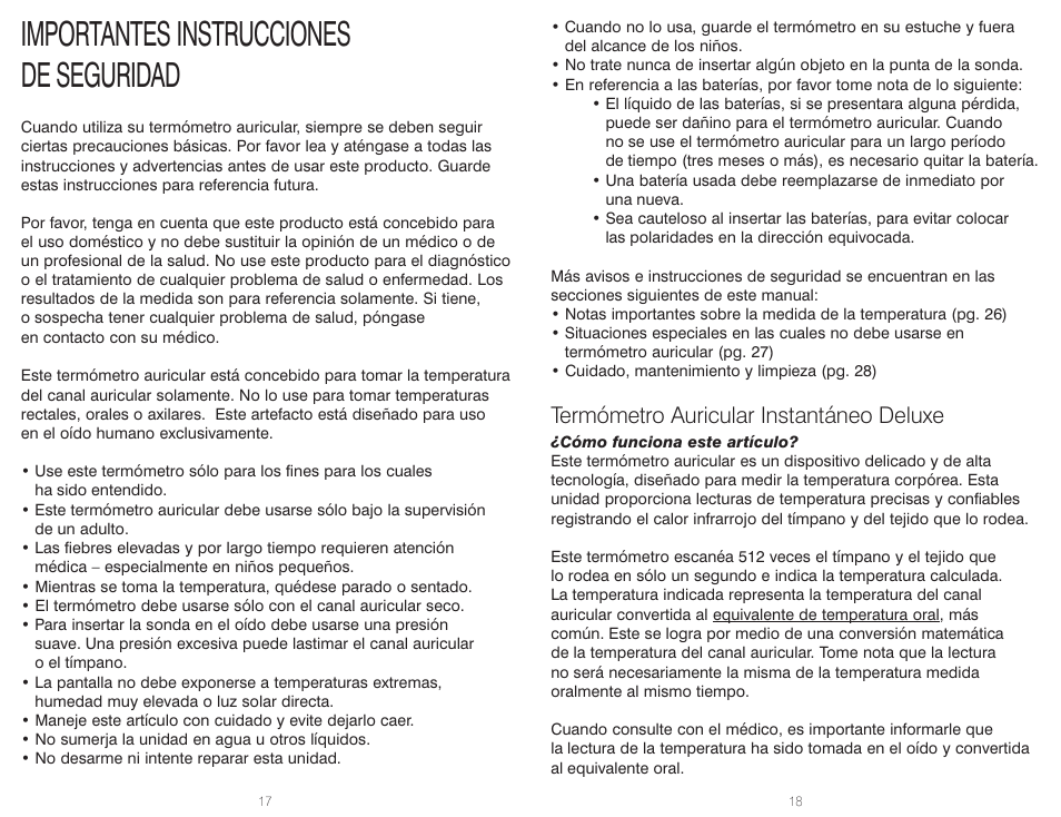 Importantes instrucciones de seguridad, Termómetro auricular instantáneo deluxe | HoMedics TT-201 User Manual | Page 10 / 16