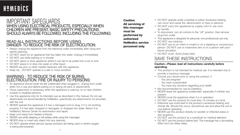 Important safeguards, Save these instructions, Danger- to reduce the risk of electrocution | Read all instructions before using | HoMedics Masseur In-A-Box RMM-300H User Manual | Page 2 / 8