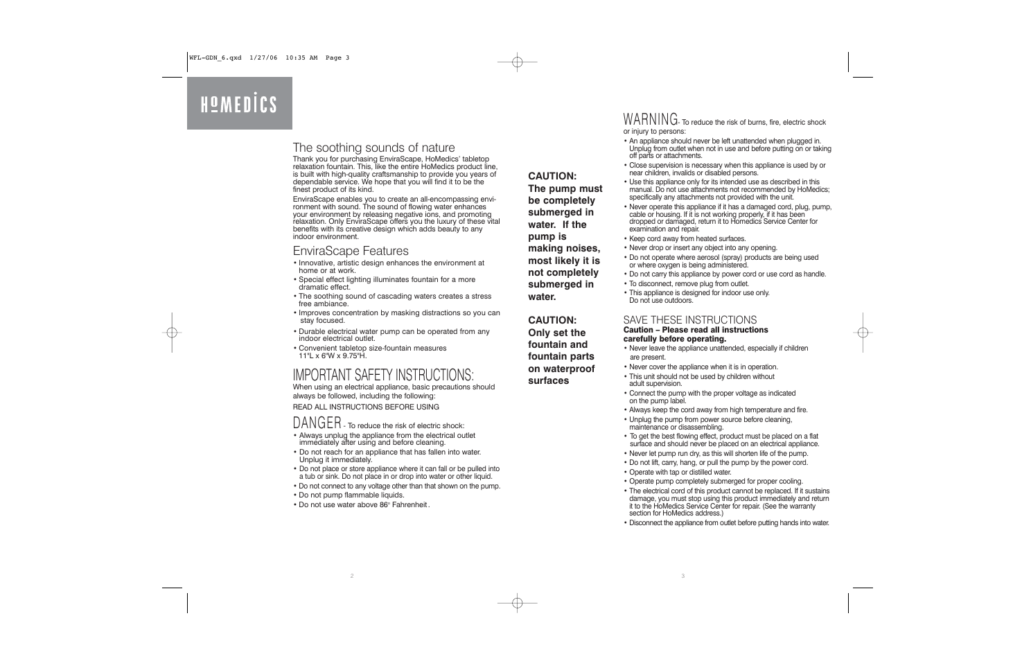 Important safety instructions, Danger, Warning | The soothing sounds of nature, Envirascape features, Save these instructions | HoMedics WFL-GDN User Manual | Page 2 / 4