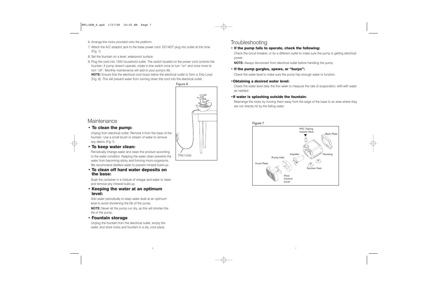 Troubleshooting, Maintenance, Keeping the water at an optimum level | Fountain storage | HoMedics WFL-GDN User Manual | Page 4 / 4